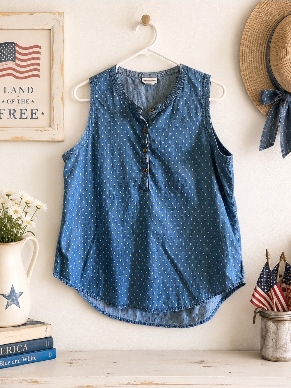 Vintage Y2K Liz Claiborne Denim Star Print Sleeveless Top Size Large | 90s